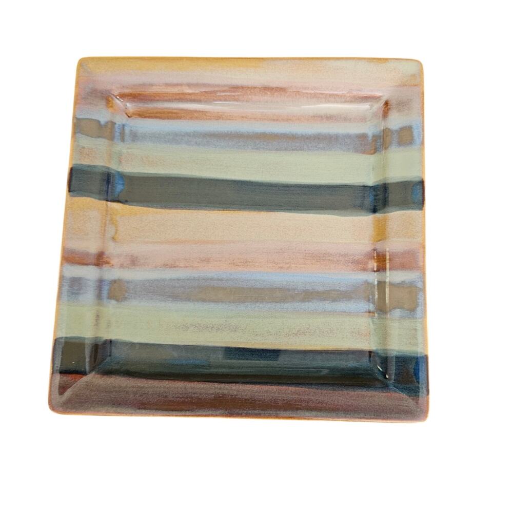 Tabletops Gallery YORK Square Salad Plate Striped Stoneware Pastel Earth Tones